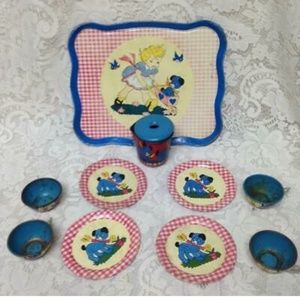 1940-50s Ohio Art, Red Plaid 11-pc Child’s Tin Tea Set